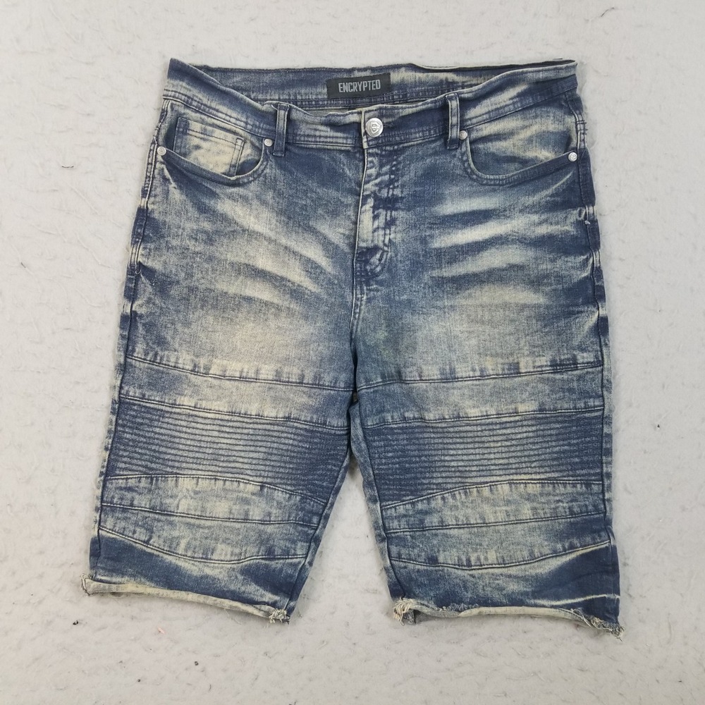 Encrypted Denim Shorts Mens 36 Blue Acid Wash Moto Ribbed Raw Hem Streetwear